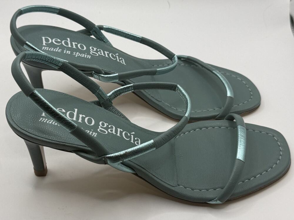 $520 Pedro Garcia Xalina Teal Kitten Heel Sandals Sz 38 US 8 NWOB